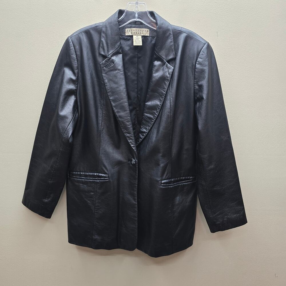 VTG Apostrophe Petite Genuine Leather 1 Button Blazer Jacket Black 14P Office
